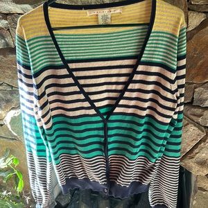 Max Studio Striped Green Yellow & Navy Button Front Cardigan Size Large;Classic!